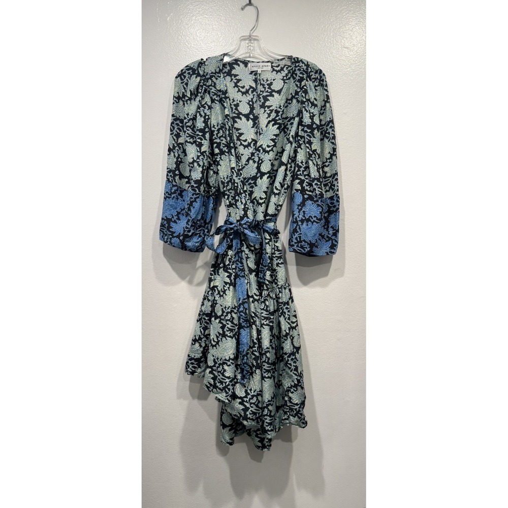 Apiece Apart Silk Wrap Dress Size 8 Black Blue Floral Asymmetrical Hem Boho READ